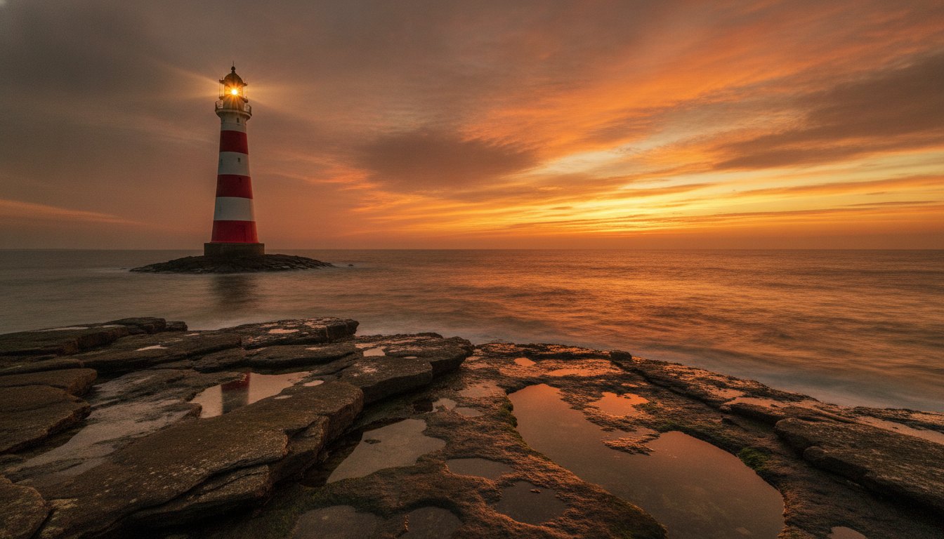 Vuurtoren aan de kust bij zonsondergang